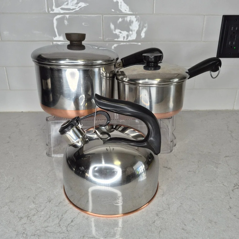 Vintage Revere Ware Cookware Set Copper Bottom 5 Piece Silver Tea Kettel